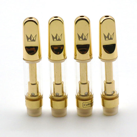 Four gold-colored vape cartridges with a logo on a white background