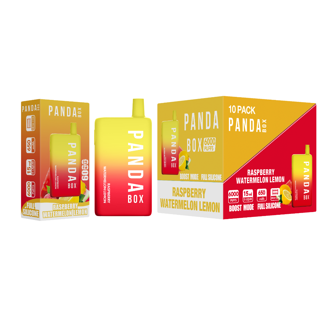 Panda Box raspberry watermelon  disposable vape lemon drink packaging on a white background