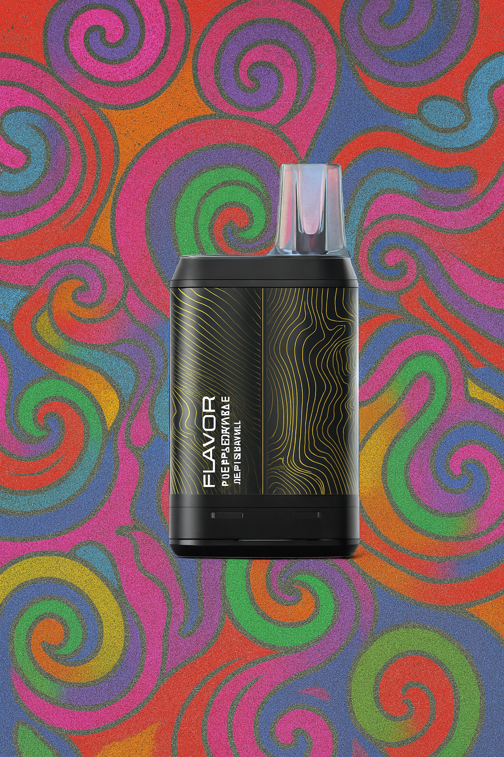 Black vape device with 'FLAVOR' branding on a colorful swirling background
