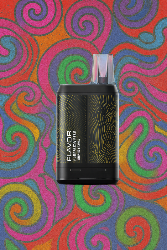 Black vape device with 'FLAVOR' branding on a colorful swirling background