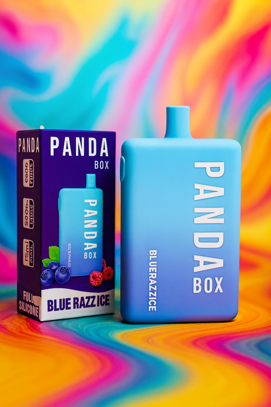 Blue Panda Box vape device and packaging on a colorful, abstract background