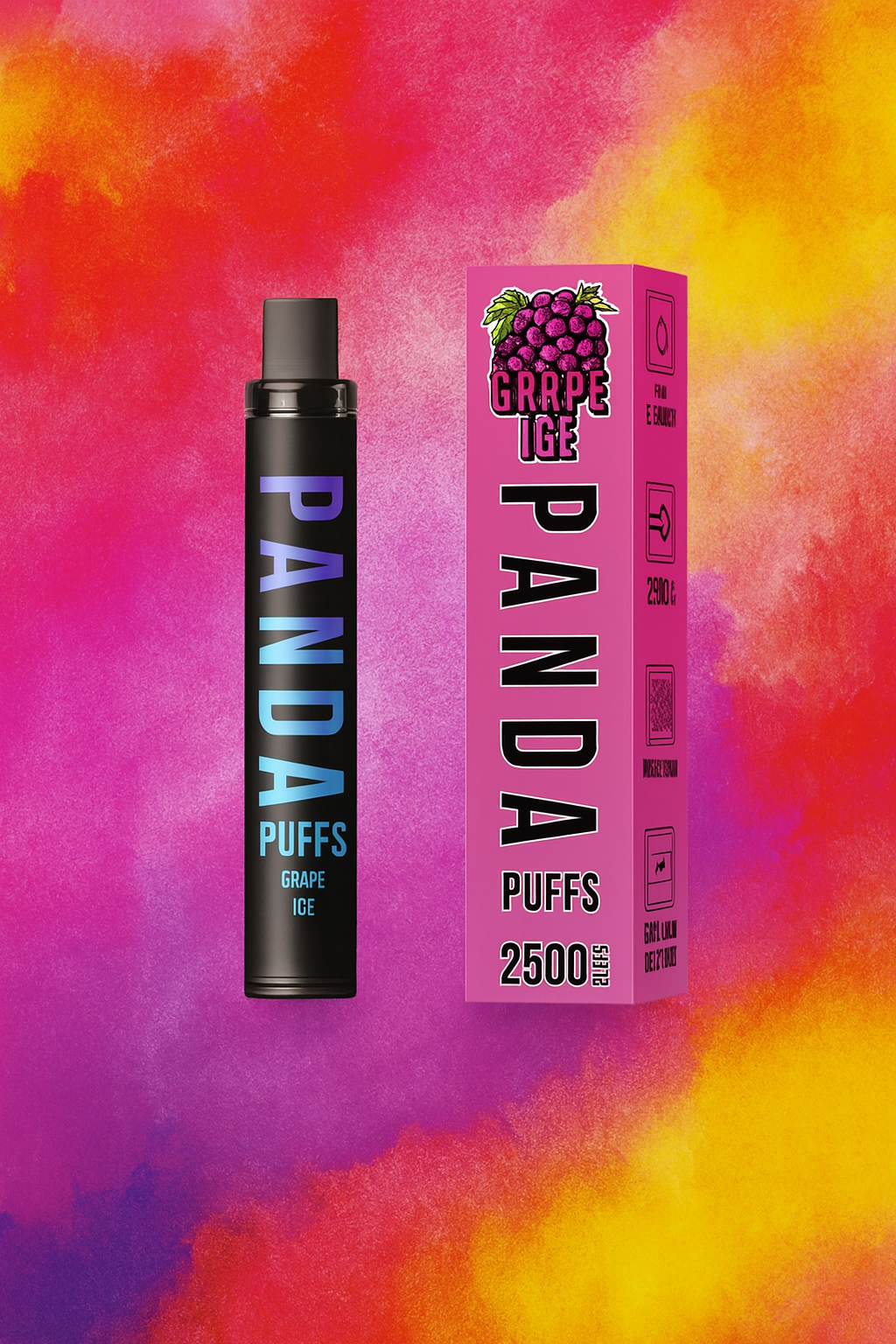 Panda Puffs vape device and packaging on a colorful background