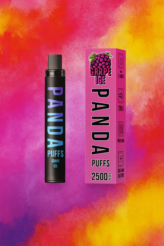 Panda Puffs vape device and packaging on a colorful background