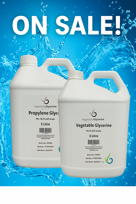 Two bottles of Vegetable Glycerine on a blue background with 'On Sale!' text.