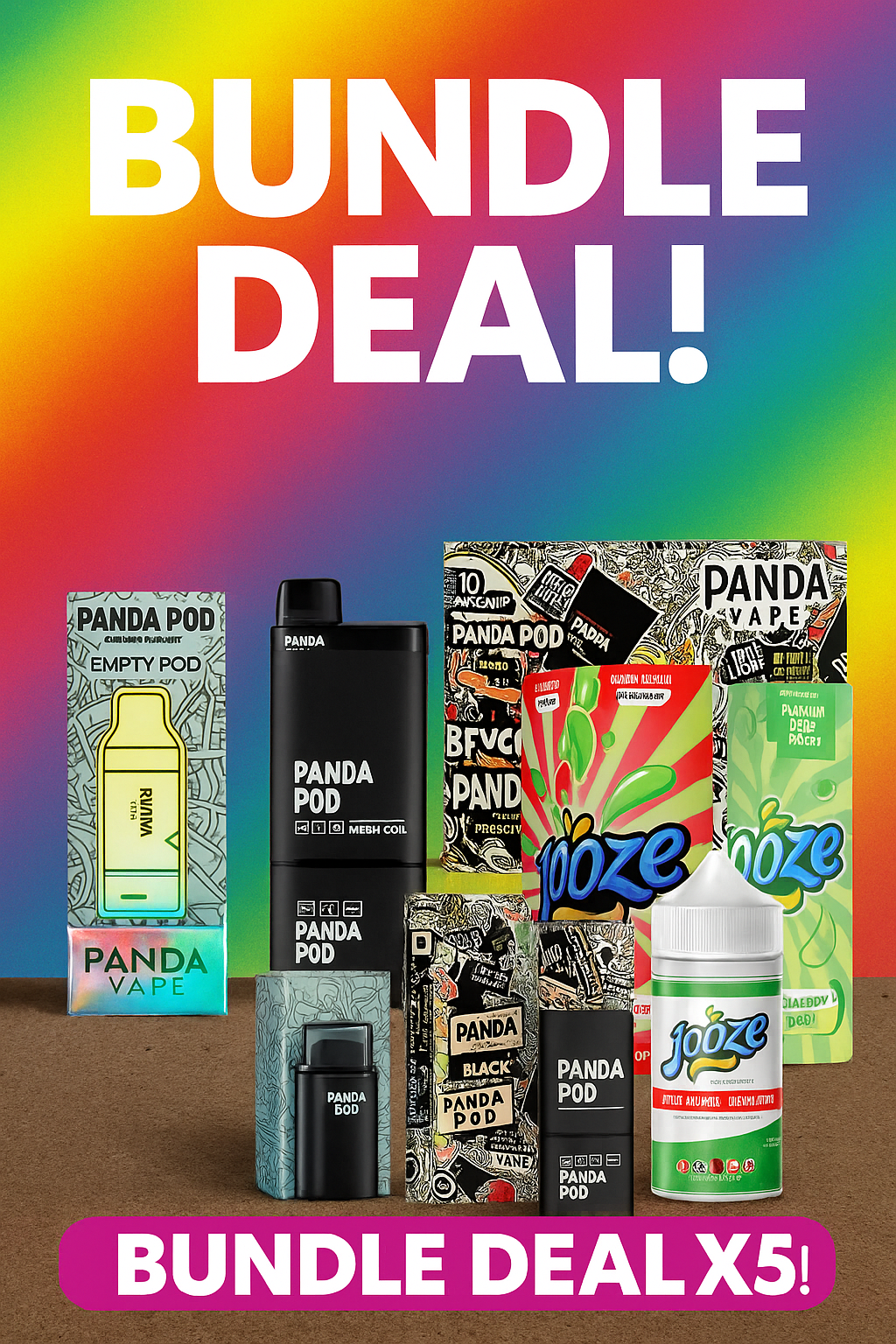Panda Vape and Juize vape products with colorful background and 'Bundle Deal' text.