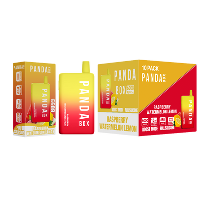 Panda Box raspberry watermelon  disposable vape lemon drink packaging on a white background