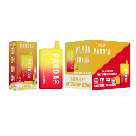 Panda Box raspberry watermelon  disposable vape lemon drink packaging on a white background