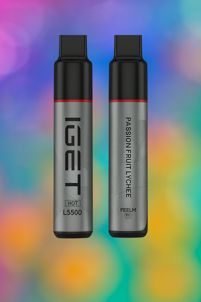 Two IGET vape devices on a colorful gradient background