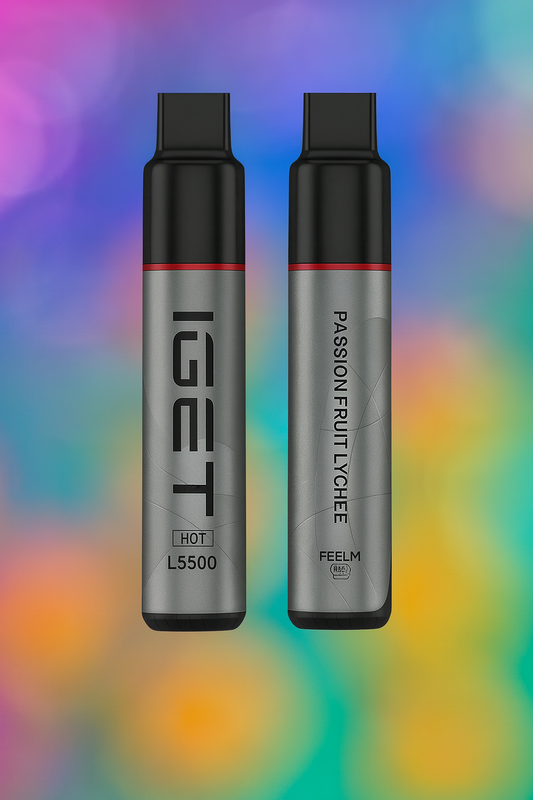 Two IGET vape devices on a colorful gradient background