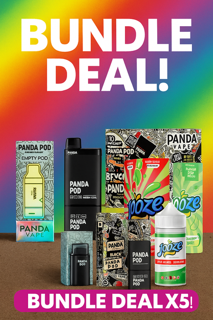 Panda Vape and Juize vape products with colorful background and 'Bundle Deal' text.